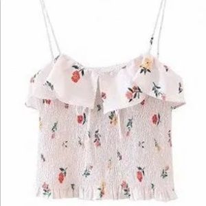 Zara —> shirred floral top with spaghetti straps